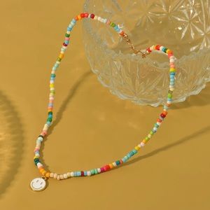Cute Smiley Face Pendant Necklace Beaded Chain Chokers Necklace Jewelry